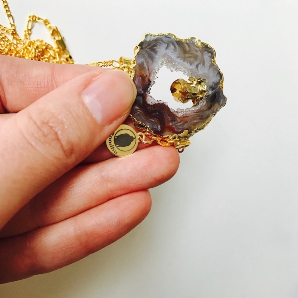 Genuine Agate Geode Slice Druzy Crystal with gold dipped Citrine gem inside